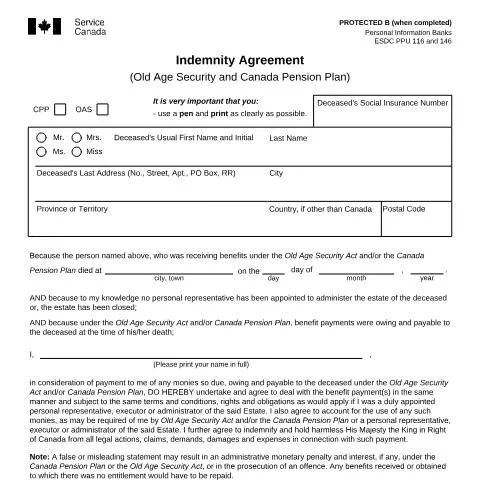 Document preview: Understanding the Indemnity Agreement for OAS and CPP Benefits — Government & admin (CERFA n°ISP0425CPP)