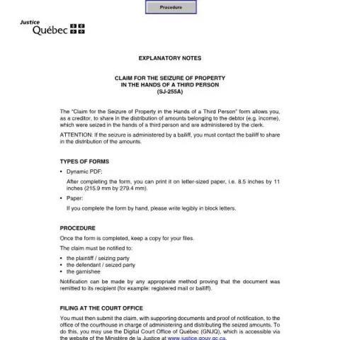 Document preview: Claim for Seizure of Property in Third Party Hands in Québec — Legal & justice (SJ-255A)