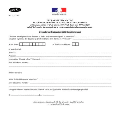 Aperçu du document Formalités administratives pour l'approvisionnement en cigares — Démarches administratives (CERFA n°15351*02)
