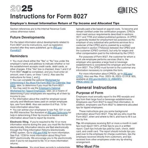 Document preview: Understanding IRS Instructions i8027 for Employers in the Food Sector — Taxes (CERFA n°INST-8027)