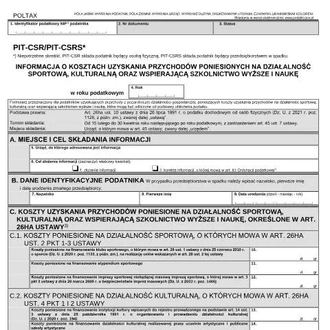 Document preview: Formularz PIT-CSR: Klucz do odliczeń w działalności kulturalnej i — Podatki i fiskalność (CERFA n°PIT-CSR)