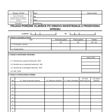 Document preview: Kako ostvariti porezne olakšice za investicije u opremu — Porezi i fiskalnost (CERFA n°PP-810)