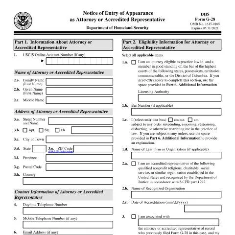 Document preview: Understanding USCIS Form G-28 for Immigration Representation — Immigration & visas (CERFA n°G-28)