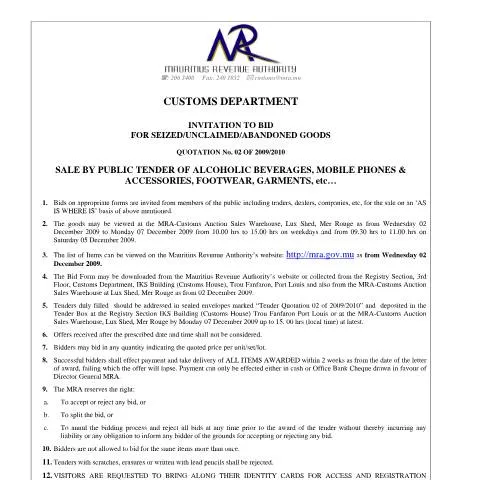 Document preview: Understanding the Auction Sales Notice for Seized Goods in Mauritius — Government & admin (CERFA n°CommuniqueQuotation2of20092010)