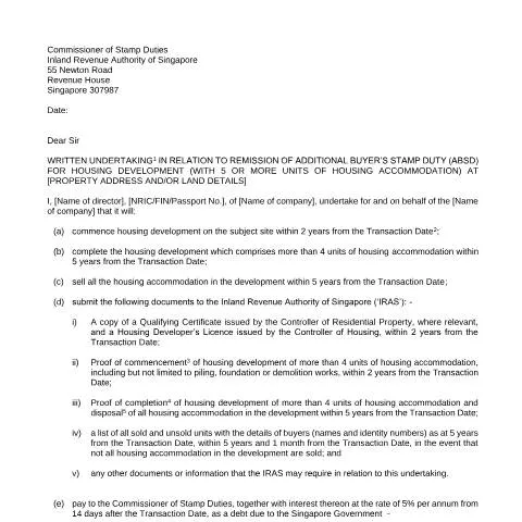 Document preview: Understanding IRAS Letter of Undertaking for Developing Five or More — Taxes (CERFA n°(A)-LETTER-OF-UNDERTAKING-FOR-DEVELOPMENT-OF-5-OR-MORE-RESIDENTIAL-UNITS-(NEW)_2017-09-20)