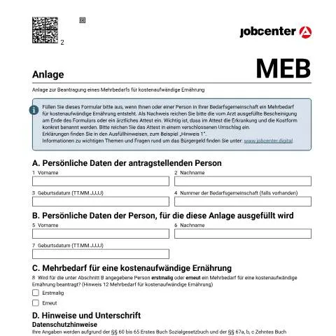 Dokumentvorschau: Wichtige Informationen zum Antrag auf Mehrbedarf (MEB) — Gesundheit (CERFA n°anlagemeb_ba032955)