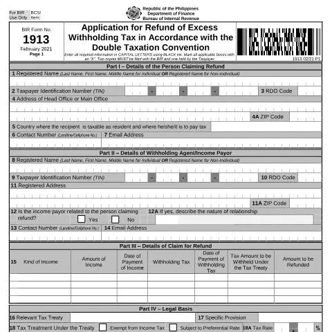 Document preview: Understanding BIR Form No. 1913 for Tax Refunds — Taxes (CERFA n°1913)