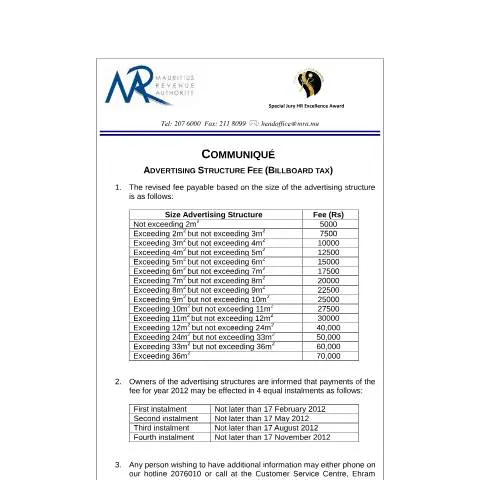 Document preview: Overview of the Advertising Structure Fee (Billboard Tax) in Mauritius — Taxes (CERFA n°CommuniqueBillboardV2)