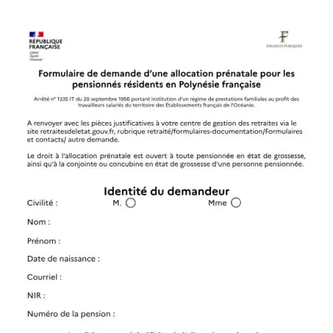 Aperçu du document Demande d'allocation prénatale pour pensionnés en Polynésie — Aides & prestations sociales (Cerfa 16258*01)