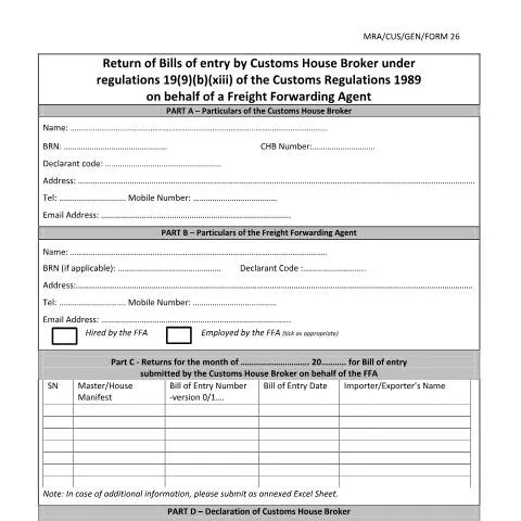 Document preview: Understanding the MRA-CUS-GEN-FORM26 for Freight Forwarding — Government & admin (MRA-CUS-GEN-FORM26)