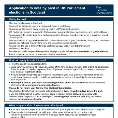 Document preview: Postal Voting Application for UK Parliament Elections in Scotland — Government & admin (PO-S-R)