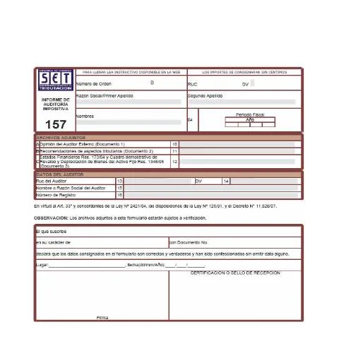 Vista previa del documento Formulario 157 Declaraciones Juradas en Paraguay — Impuestos (CERFA n°F157)