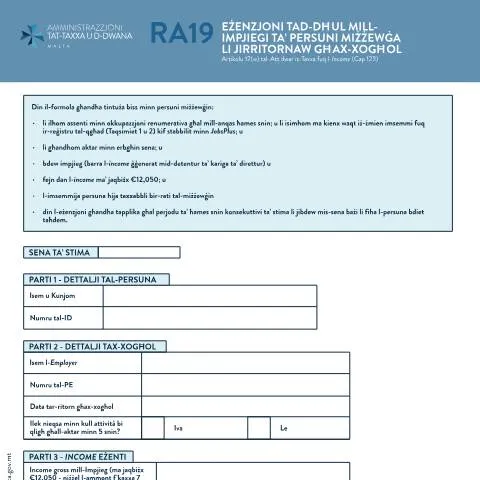 Document preview: Understanding the RA Form for Maltese Income Tax — Taxes (CERFA n°mtca-ra19-mlt-eng)