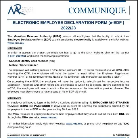 Document preview: Understanding the Importance of the e-EDF for Employees in Mauritius — Work & employment (CERFA n°CommuniqueEDF090822)