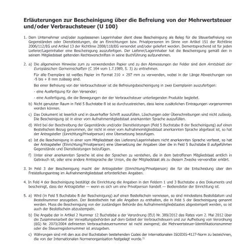 Dokumentvorschau: U100a-Formular: Wichtige Informationen zur Steuerbefreiung — Steuern (CERFA n°U100a)
