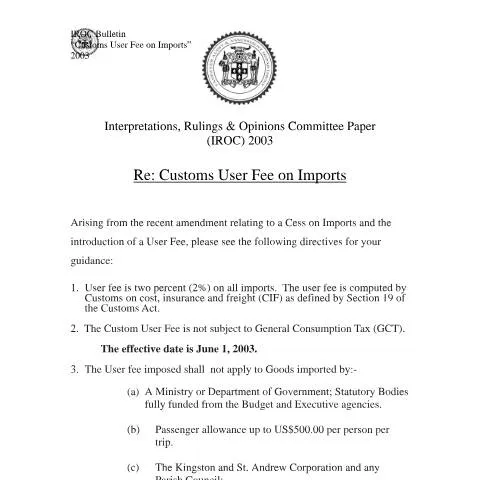Document preview: Introduction to the 2003 IROC GCT Customs User Fee in Jamaica — Taxes (CERFA n°2003+iroc+gct+-+customs+user+fee)