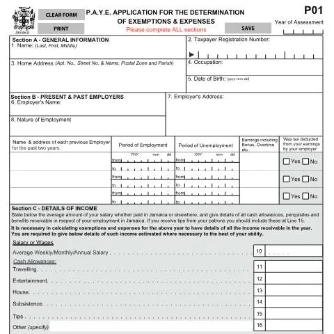 Document preview: Understanding Jamaica's Form P01 for PAYE Exemptions and Expenses — Taxes (CERFA n°p01)