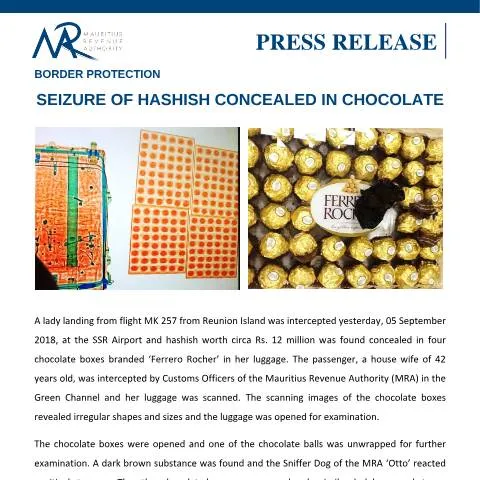 Document preview: Mauritius Border Control Seizes Hashish Hidden in Chocolate — Government & admin (PressReleaseHashish060918)