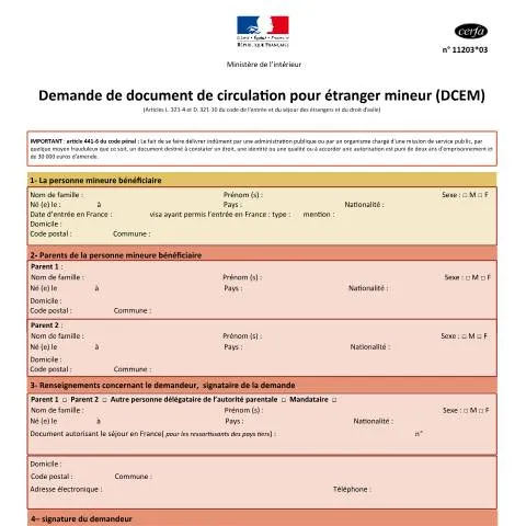 Aperçu du document Document de circulation pour étranger mineur : guide pratique — Immigration & visas (CERFA n°11203*03)