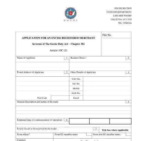 Document preview: Understanding the Excise Registered Merchant Application in Malta — Customs & trade (CERFA n°application---excise-registered-merchant)