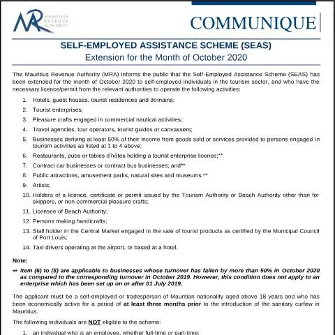 Document preview: Self-Employed Assistance Scheme Extension for October 2020 — Work & employment (CERFA n°CommuniqueSEAS231020)