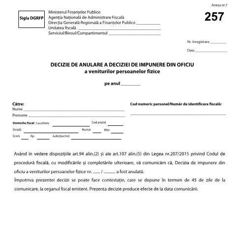 Document preview: Anularea deciziei de impunere a veniturilor persoanelor fizice — Impozite & fiscalitate (CERFA n°D257_A7_OPANAF_3780_2017)