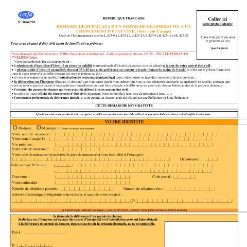 Aperçu du document Duplicata permis de chasser : mise à jour après changement d'état — État civil & identité (CERFA n°16863*01)