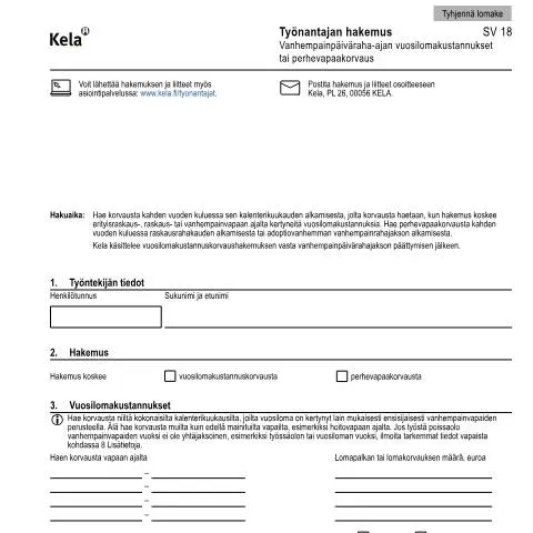 Document preview: Vanhempainpäivärahan hakemus ja Kela SV 18:n merkitys — Perhe (CERFA n°Kela SV 18)