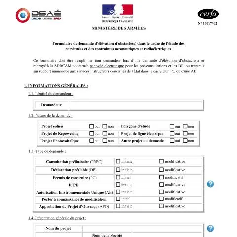 Aperçu du document Servitudes aéronautiques : tout savoir sur la demande 16017*02 — Démarches administratives (CERFA n°16017*02)
