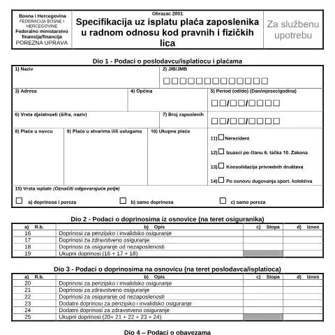 Document preview: Obrazac 2001: Specifikacija uz isplatu plaća zaposlenika — Administrativne procedure (CERFA n°2001)