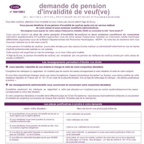 Aperçu du document Comment obtenir une pension d'invalidité après le décès de son — Santé (CERFA n°11791*03)