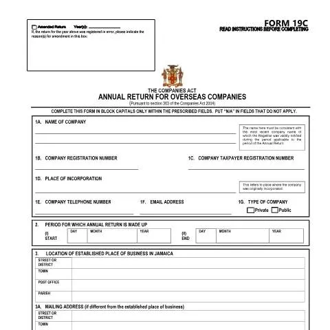 Document preview: Understanding Form 19C for Overseas Company Compliance in Jamaica — Government & admin (CERFA n°COMPANIES FORM 19C (CPC Version 3))