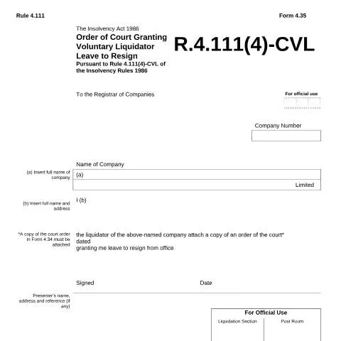 Document preview: Understanding Form 4.35: Liquidator Resignation Process — Government & admin