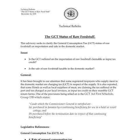 Document preview: Understanding Jamaica's 2018 Tax Treatment of Raw Food Stuff — Taxes (CERFA n°Technical+Bulletin+2018+Tax+Treatment+of+Raw+Food+Stuff+Final)