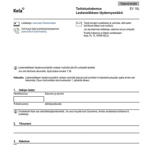 Document preview: Leskeneläkkeen täydennysmäärä ja tarkistushakemus — Hallinnolliset asiat (CERFA n°Kela EV 18L)