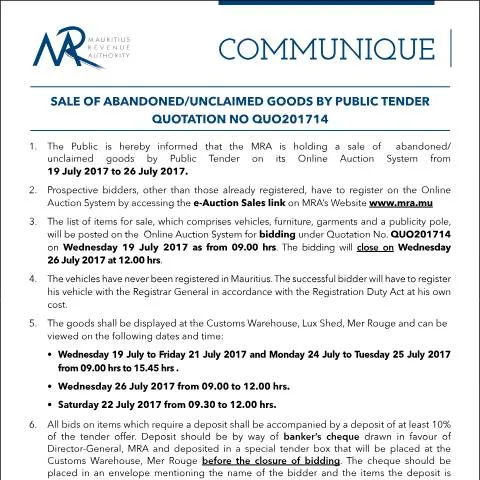 Document preview: Understanding the Public Tender for Abandoned Goods in Mauritius — Government & admin (CommuniqueQ14of2017)