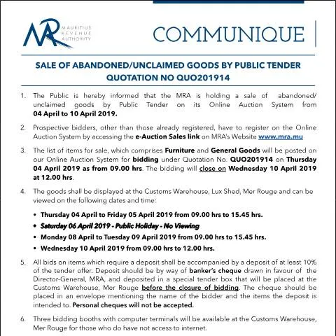 Document preview: Understanding the Public Tender for Unclaimed Goods Sale — Government & admin (Communique14of2019)