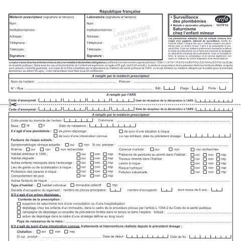 Aperçu du document Déclaration obligatoire du saturnisme : procédure et réglementation — Santé (CERFA n°12378*03)