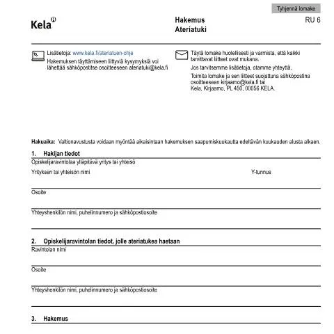 Document preview: Ateriatuki opiskelijoille Suomessa — Opiskelu & koulutus (CERFA n°Kela RU 6)