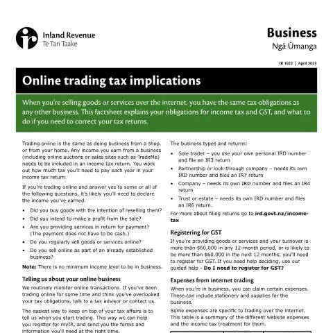 Document preview: Navigating GST Compliance for Online Trading in NZ — Taxes (CERFA n°IR1022)
