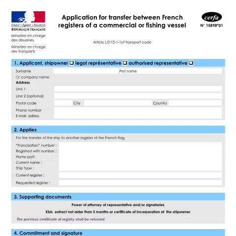 Aperçu du document Comment effectuer le transfert d'un navire entre registres maritimes — Démarches administratives (CERFA n°15898*01)