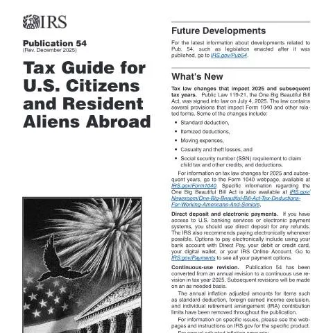 Document preview: Understanding IRS Publication 54 for U.S. Citizens Living Abroad — Taxes (CERFA n°PUB-54)