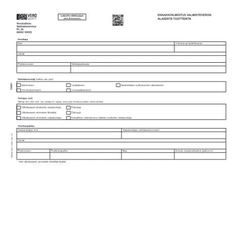 Document preview: Ymmärrä Ennakkoilmoitus valmisteveron alaisista tuotteista (1350) — Verot & verotus (CERFA n°Vero 1350)