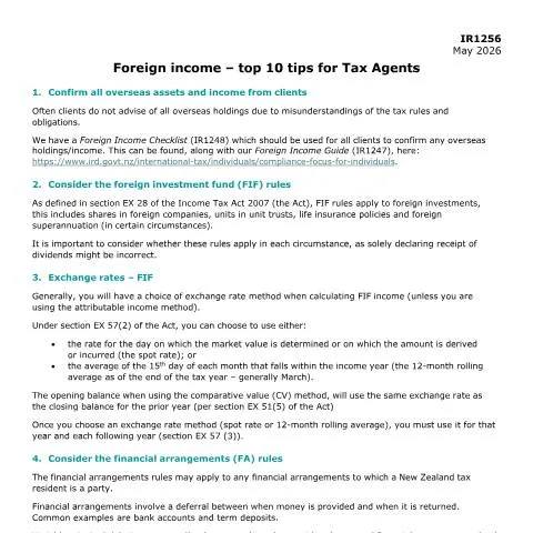 Document preview: Essential Insights for Tax Agents on Foreign Income Taxation — Taxes (CERFA n°IR1256)
