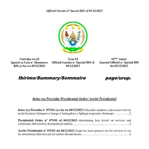 Document preview: Understanding Iteka rya Perezida 04.12.2023 on Services and Decisions — Government & admin (CERFA n°Iteka_rya_Perezida_04.12.2023_ku_mahoro_kuri_serivise_n_ibyemezo_bitangwa_2023)