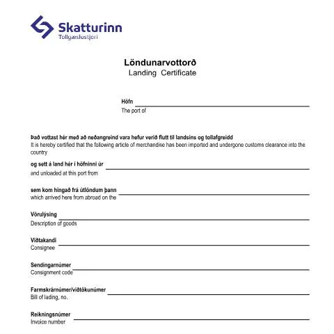 Document preview: Skilyrði fyrir útgáfu Landunarvottorðs til Íslands — Tollur & innflutningur (CERFA n°TS-110)