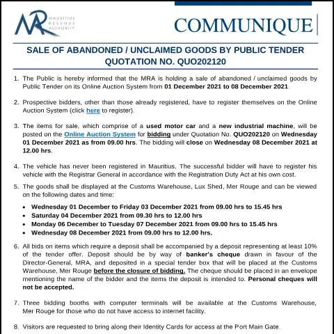 Document preview: Public Tender for Abandoned Goods in Mauritius — Government & admin (CERFA n°CommuniqueQUO202120)
