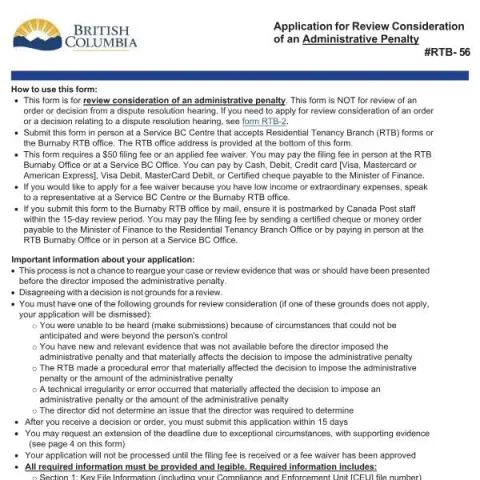 Document preview: Guide to Applying for Review of Penalties in BC — Housing (RTB-56)