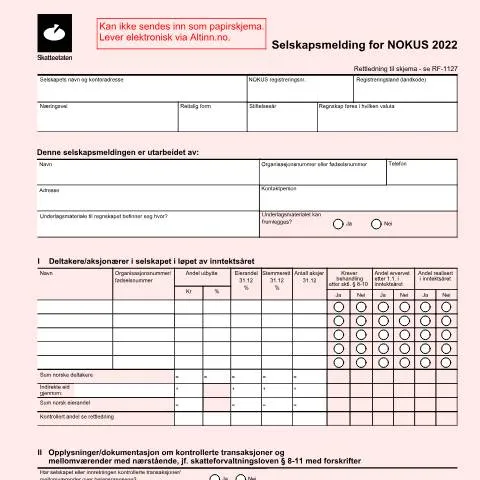 Document preview: Forståelse av Selskapsmelding RF-1245 for NOKUS — Skatt & avgifter (CERFA n°RF-1245)
