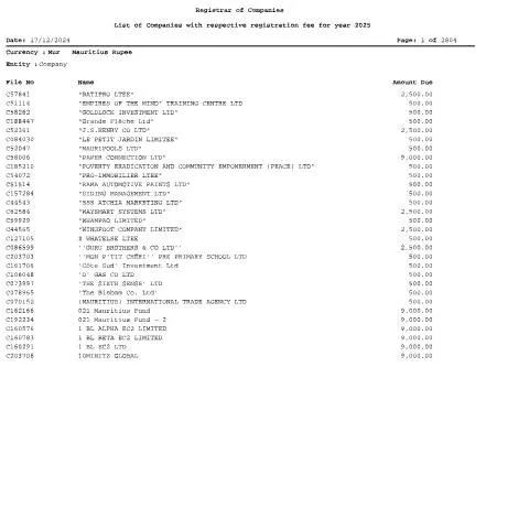 Document preview: Essential Registration Fees for Companies in Mauritius for 2025 — Government & admin (List-of-Companies-with-respective-registration-fee-for-year-2025)
